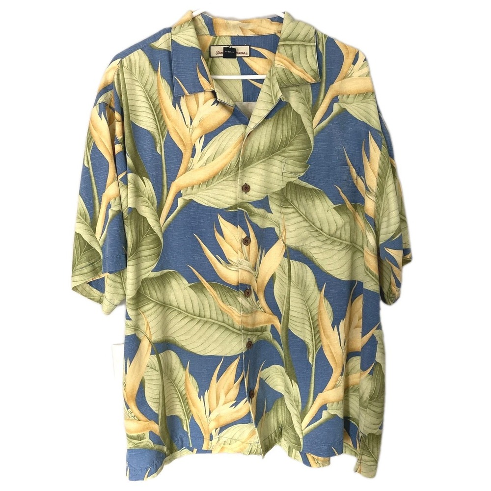 Vtg Tommy Bahama Shirt Mens L Blue Silk Hawaiian Camp Bird Of Paradise Aloha EUC